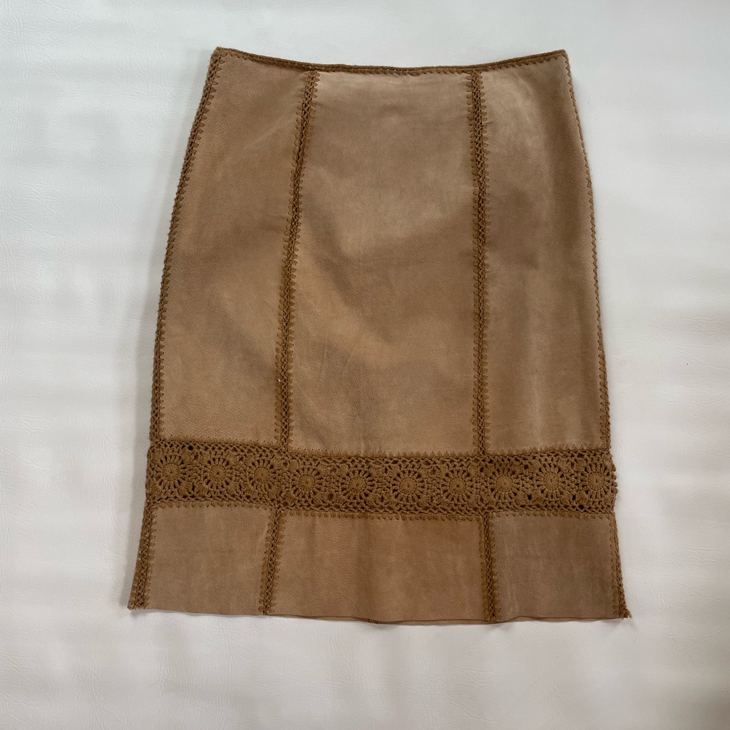 Vintage Suede Crochet Tan Western Skirt Xl 16 Cowgirl